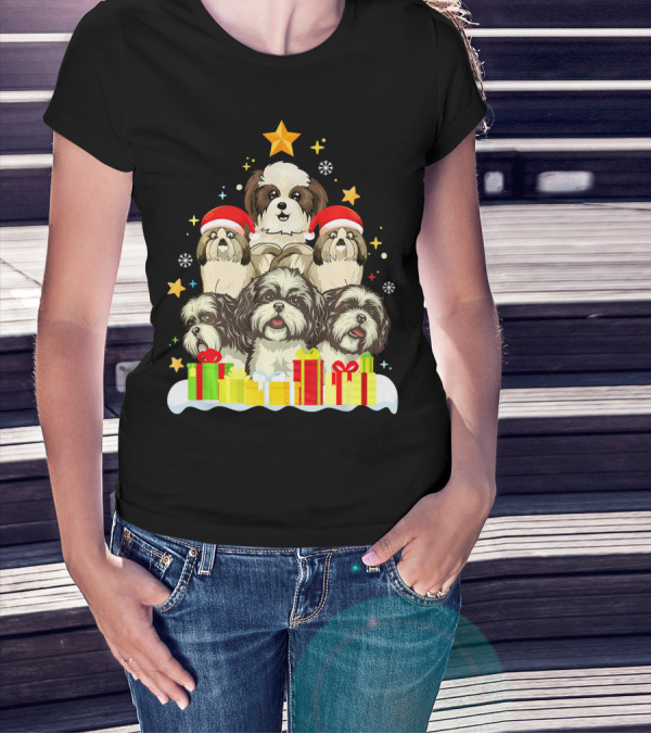 Shih Tzu Christmas Tree Holiday Celebration With Santa Hats And Gifts T-Shirt