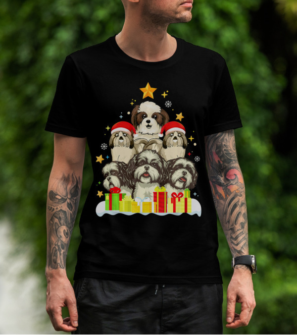 Shih Tzu Christmas Tree Holiday Celebration With Santa Hats And Gifts T-Shirt
