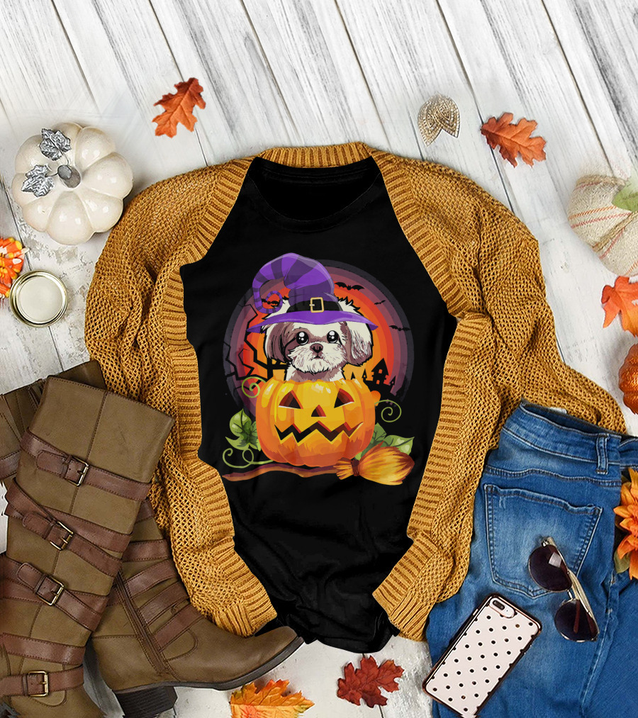 Shih Tzu Witch in Pumpkin with Broomstick Halloween Dog Scene T-Shirt