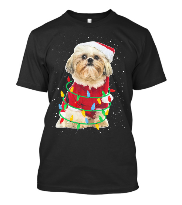 Shih Tzu Santa Wrapped In Festive Christmas Lights T-Shirt