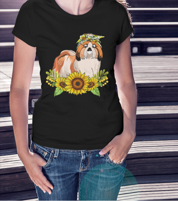 Shih Tzu Sunflower Floral Bandana T-Shirt