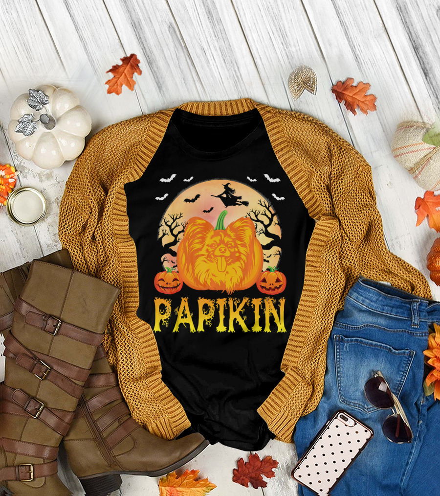 Scary Moon Papillon Dog Pumpkin Face Pap Papikin Halloween Night T-Shirt