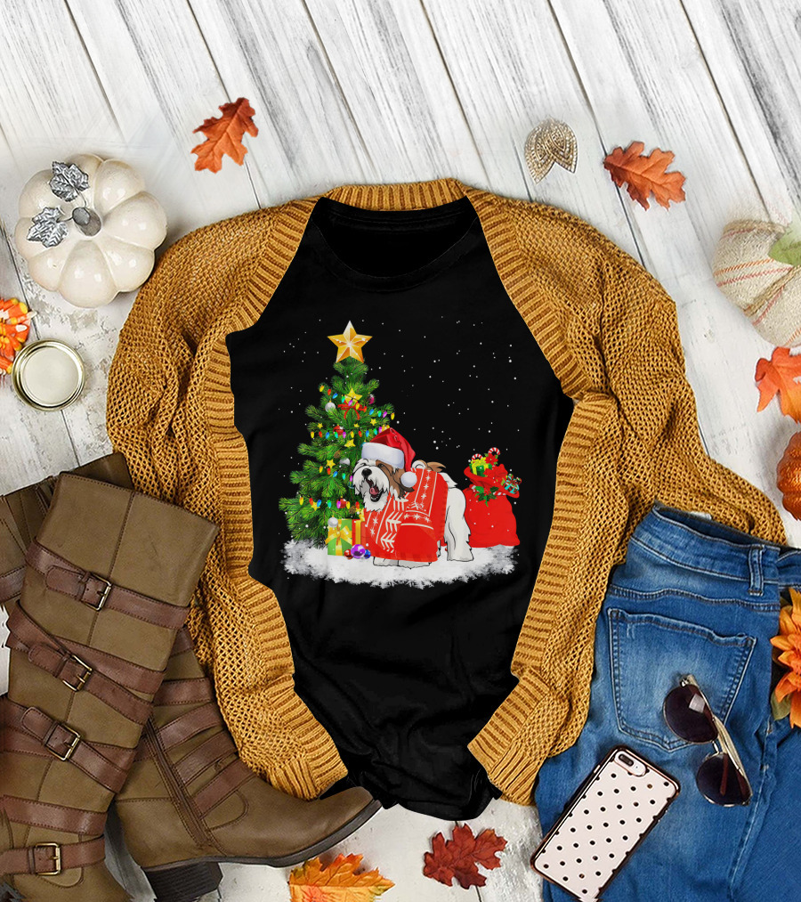 Shih Tzu Dog Christmas Tree Santa Hat Snow Gifts T-Shirt