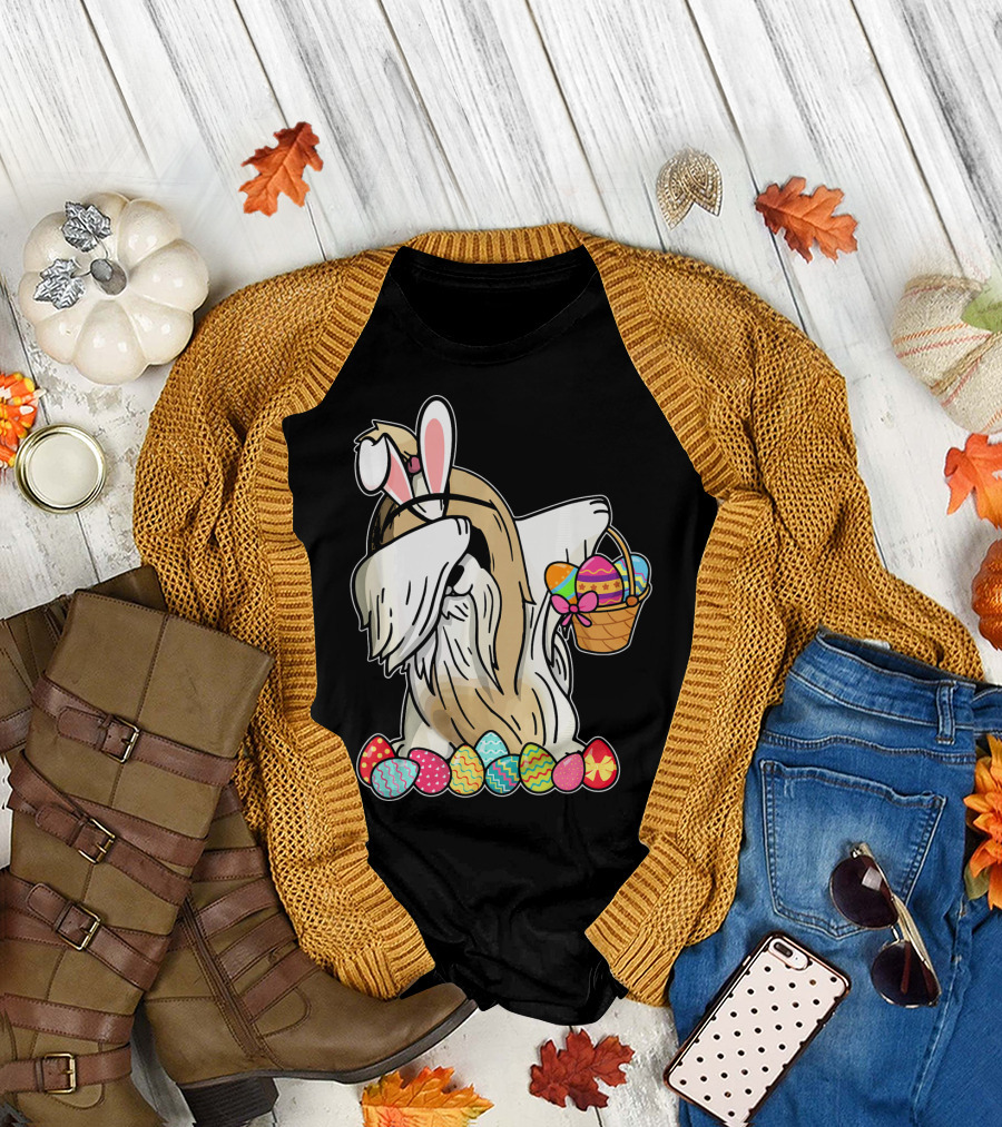 Shih Tzu Dabbing Dressed as Easter Bunny with Basket of Colorful Eggs T-Shirt