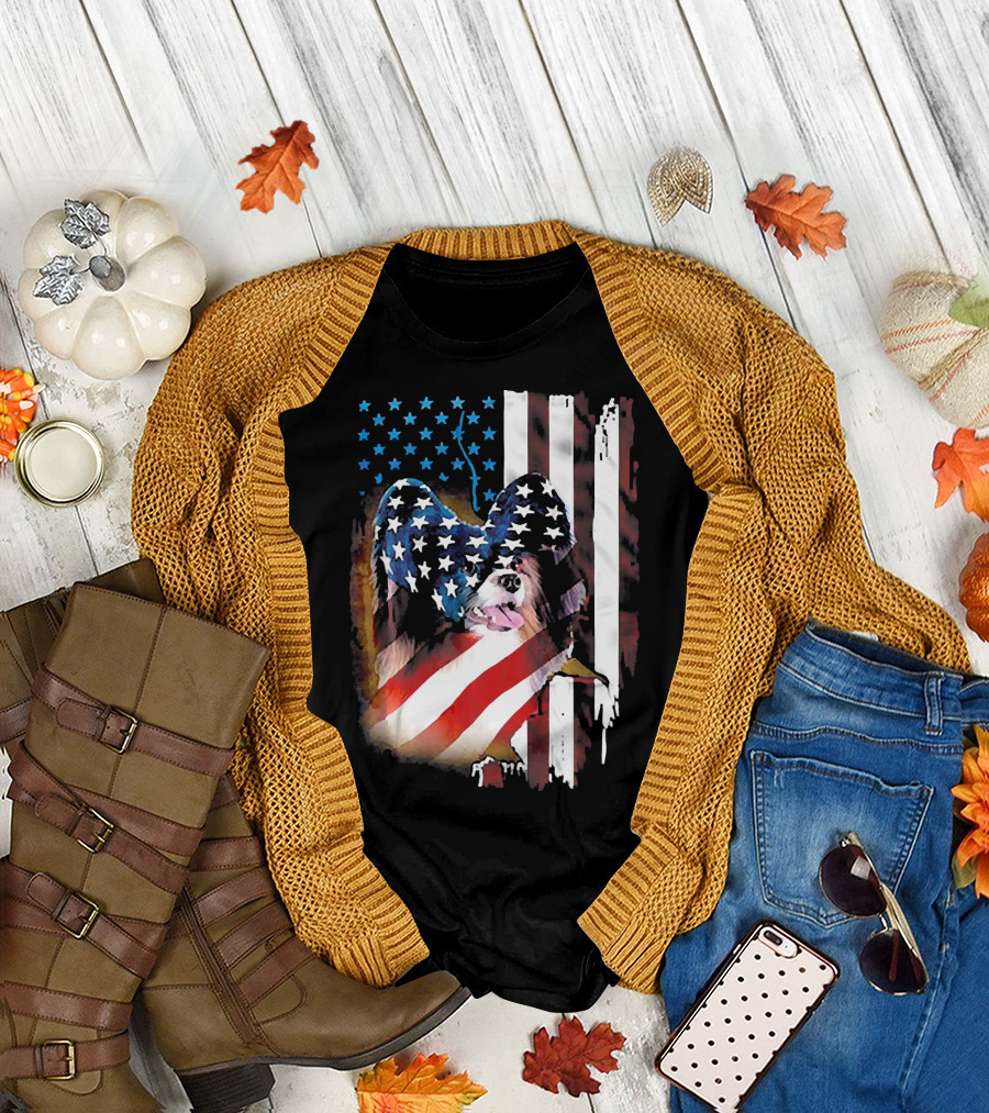 Papillon Dog American Flag USA Patriotic T-Shirt