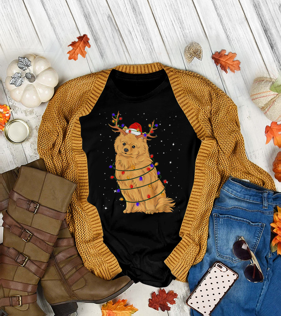 Pomeranian Wrapped in Christmas Lights with Santa Hat Under Starry Sky T-Shirt