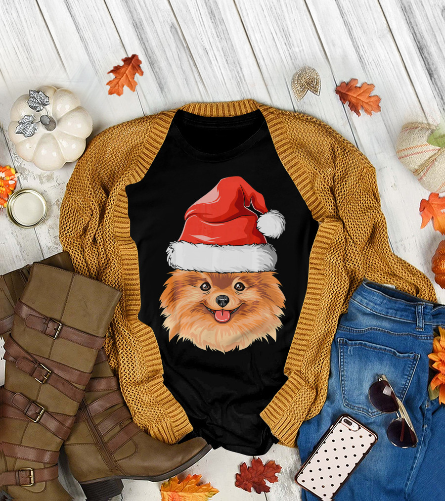 Pomeranian Christmas Santa Hat Festive Pomerania T-Shirt