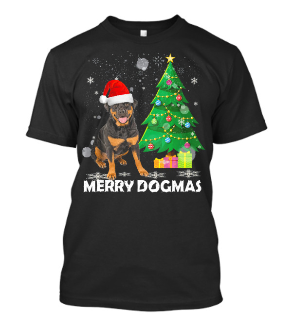 Merry Dogmas Rottweiler Santa Hat Christmas Tree Winter Holiday T-Shirt