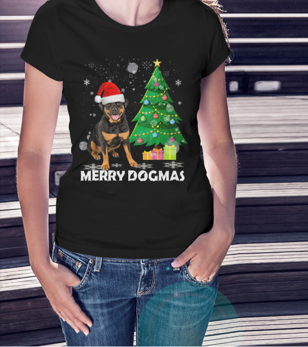 Merry Dogmas Rottweiler Santa Hat Christmas Tree Winter Holiday T-Shirt
