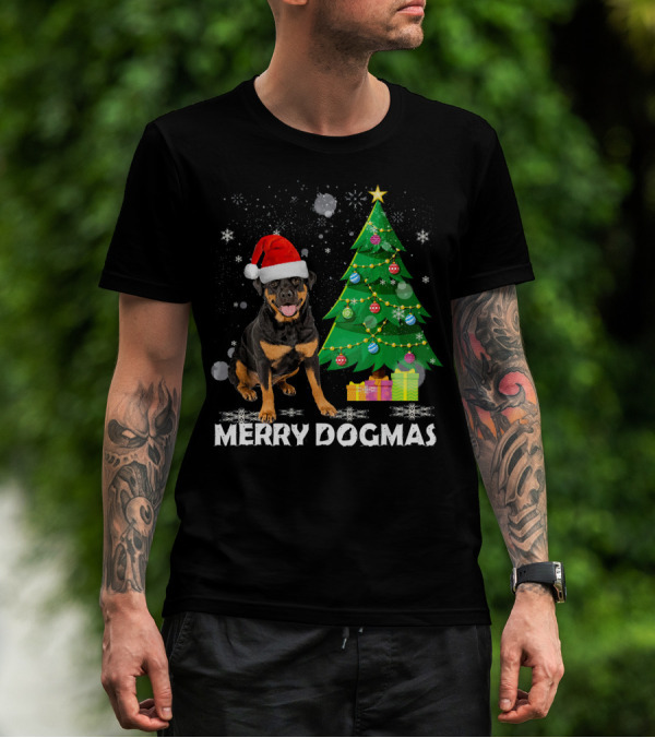 Merry Dogmas Rottweiler Santa Hat Christmas Tree Winter Holiday T-Shirt