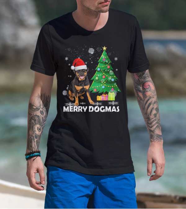 Merry Dogmas Rottweiler Santa Hat Christmas Tree Winter Holiday T-Shirt