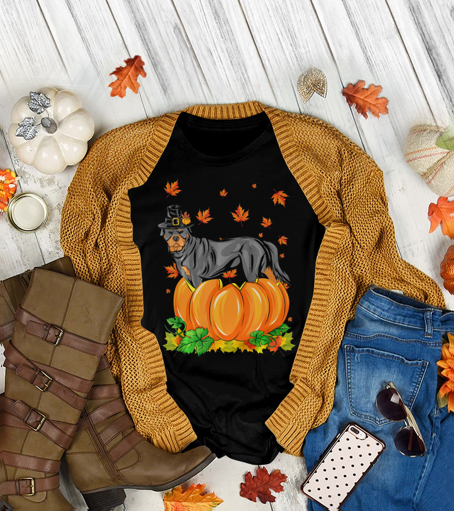 Thanksgiving Rottweiler Dog with Pilgrim Hat and Pumpkins T-Shirt