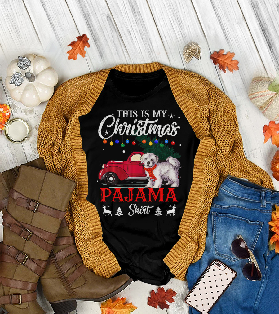 This Is My Christmas Pajama Shirt with Dog and Red Car Decorated with Holiday Ornaments T-Shirt