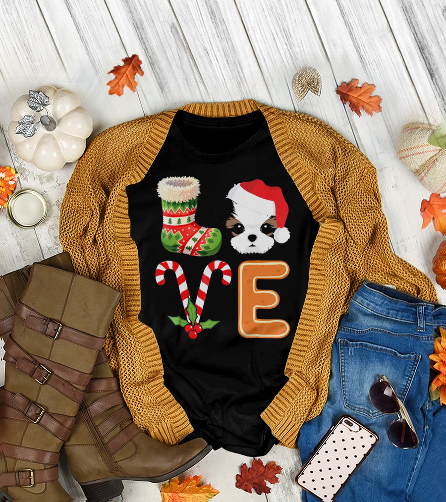 Shih Tzu Lover Xmas Stocking Santa Hat Candy Cane E T-Shirt