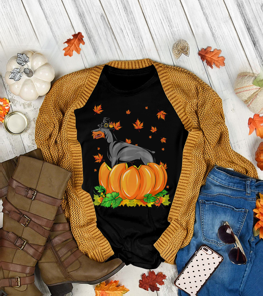 Thanksgiving Doberman Pinscher with Pilgrim Hat and Autumn Leaves in Pumpkin Patch T-Shirt