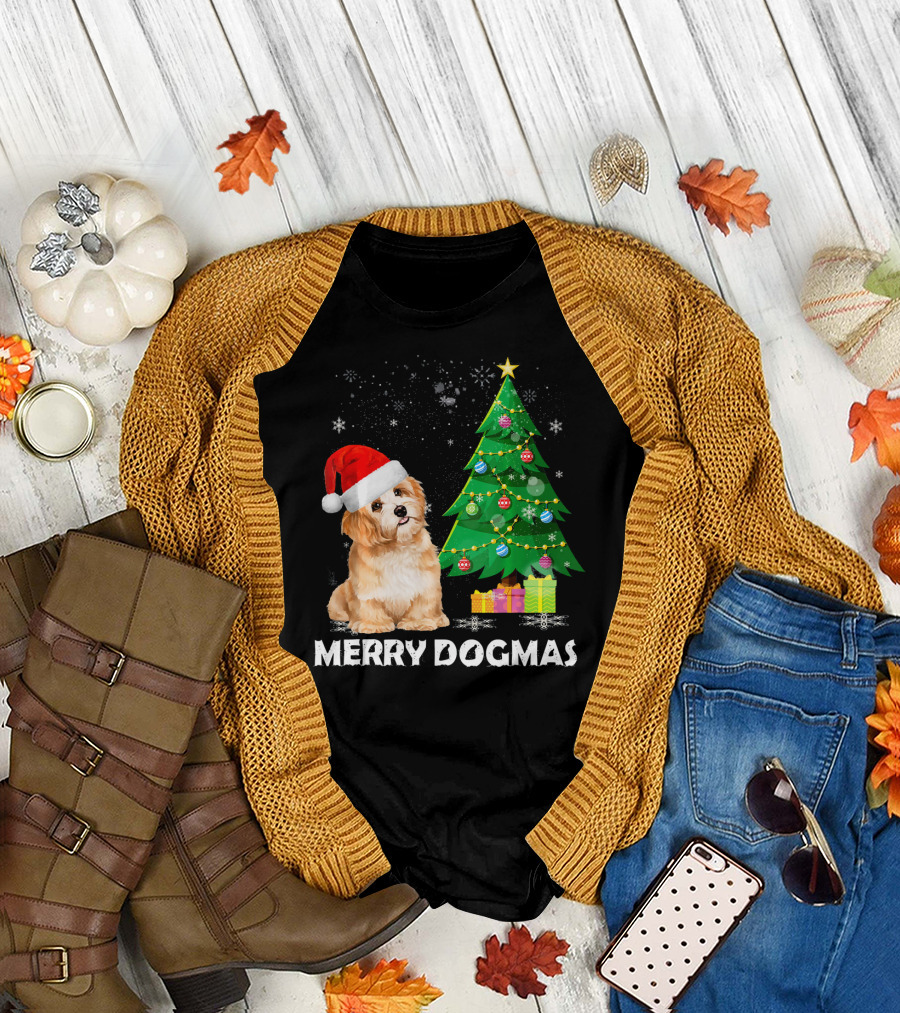 Merry Dogmas Shih Tzu with Santa Hat by Christmas Tree T-Shirt