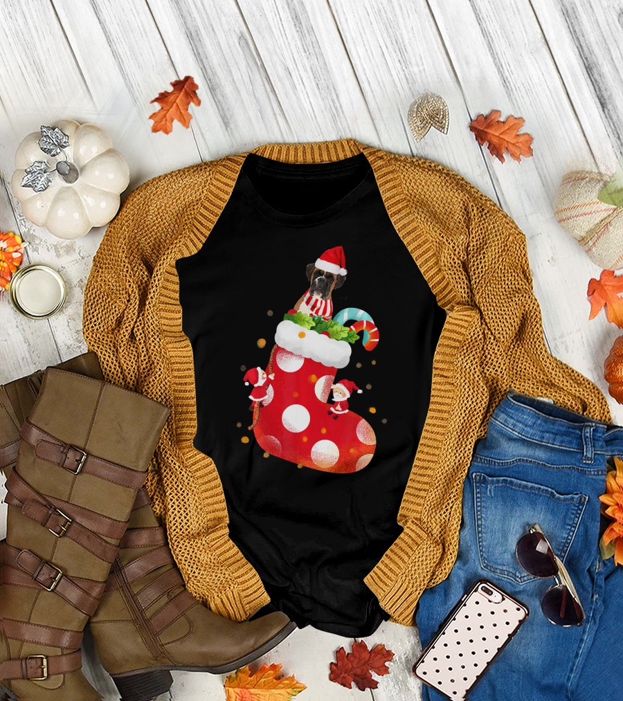 Boxer Dog in Christmas Stocking with Santa Hat and Candy Cane T-Shirt