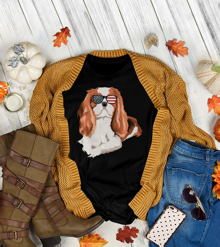 Cavalier King Charles Spaniel American Flag Sunglasses T-Shirt