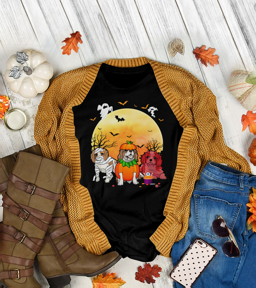Cavalier King Charles Spaniel Halloween Mummy Pumpkin Bat Ghost Cupcake T-Shirt