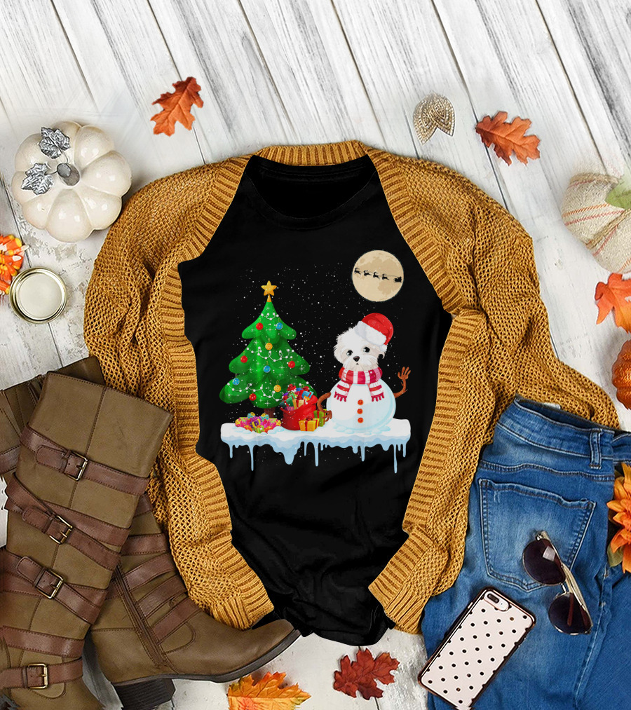 Maltese Snowman Christmas Tree Santa Hat Moon Sleigh T-Shirt