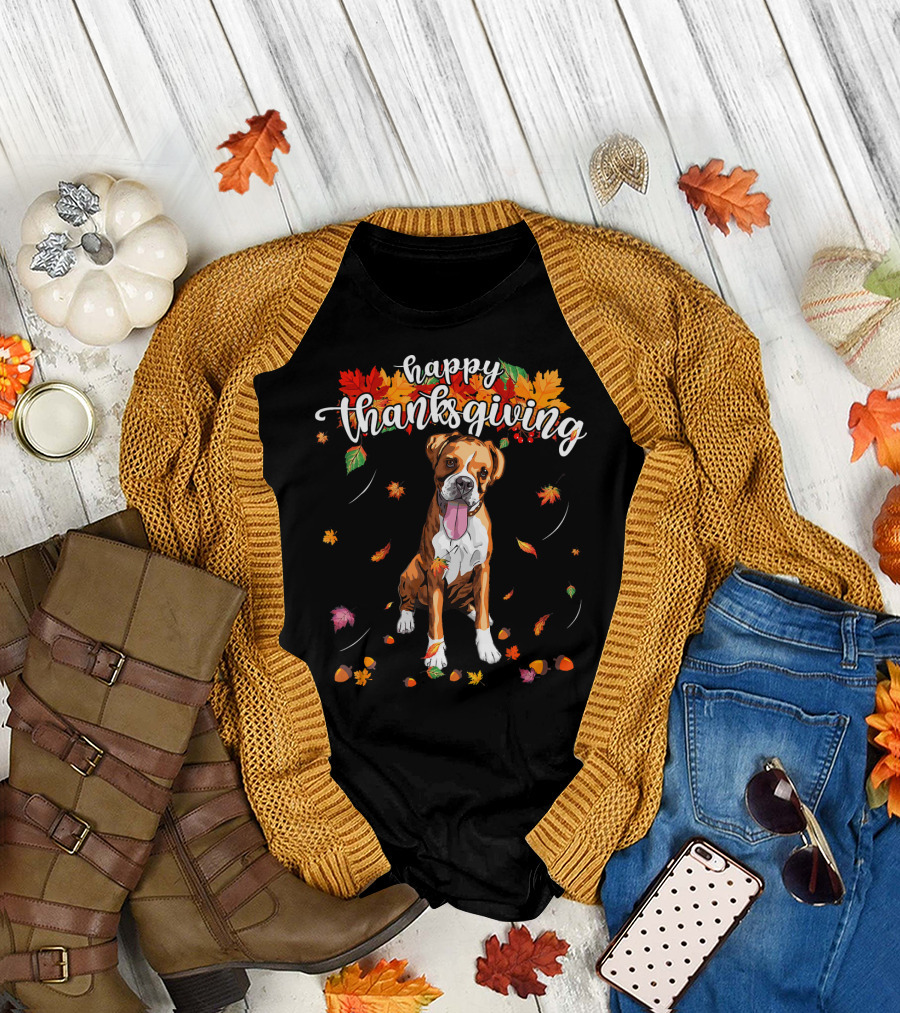Happy Thanksgiving Cute Boxer Dog with Autumn Leaves T-Shirt