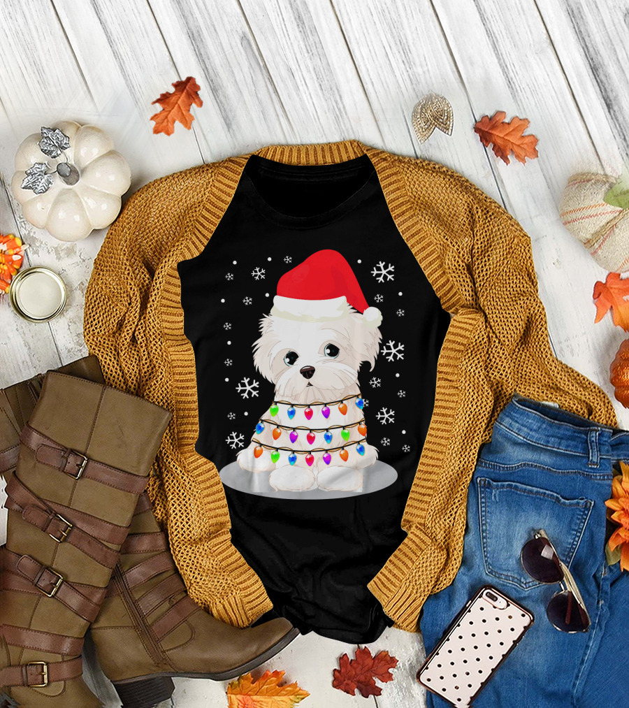 Adorable Maltese Puppy Wrapped in Christmas Lights and Santa Hat with Snowflakes T-Shirt