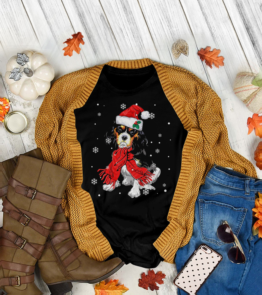 Cavalier King Charles Spaniel Wearing Santa Hat and Scarf with Snowflakes T-Shirt