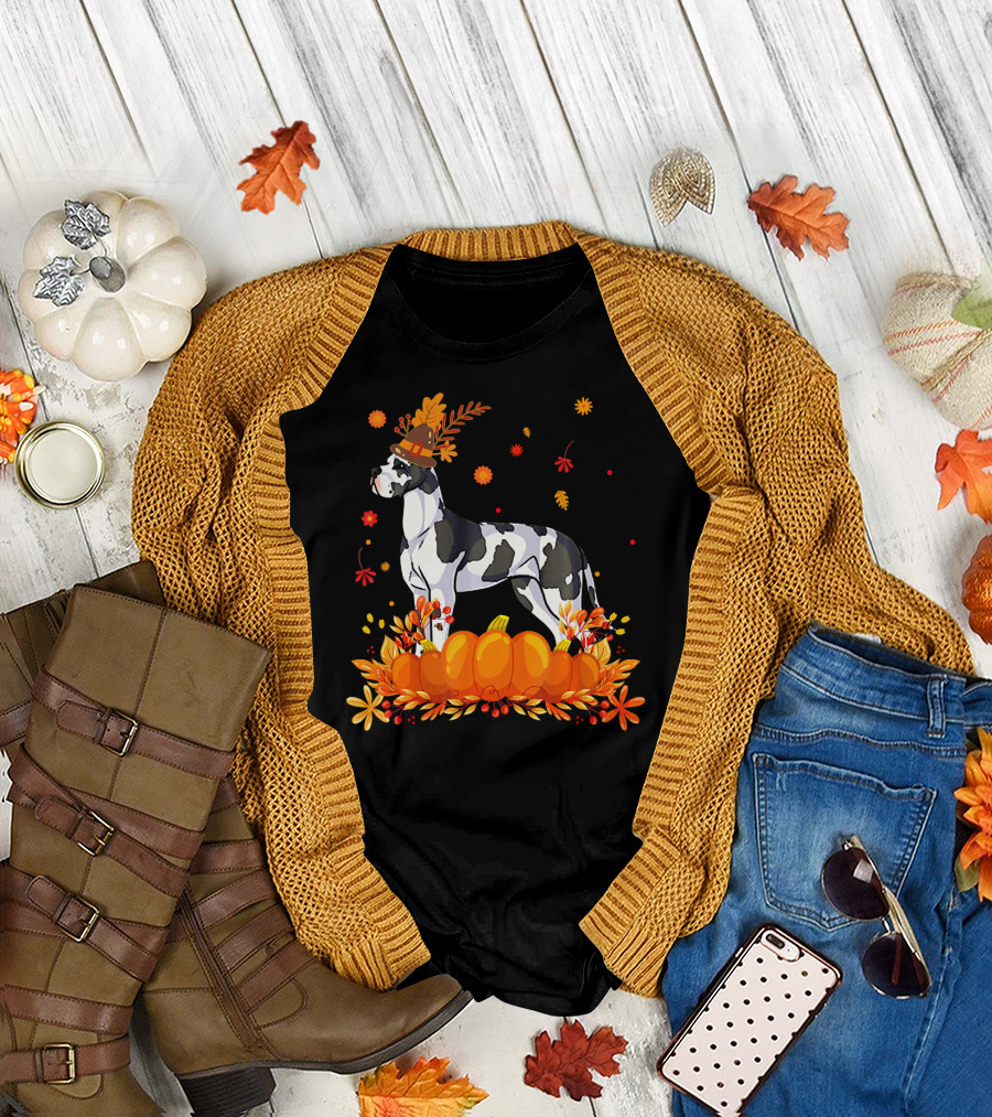 Cute Great Dane Dog with Autumn Leaves and Pumpkins T-Shirt