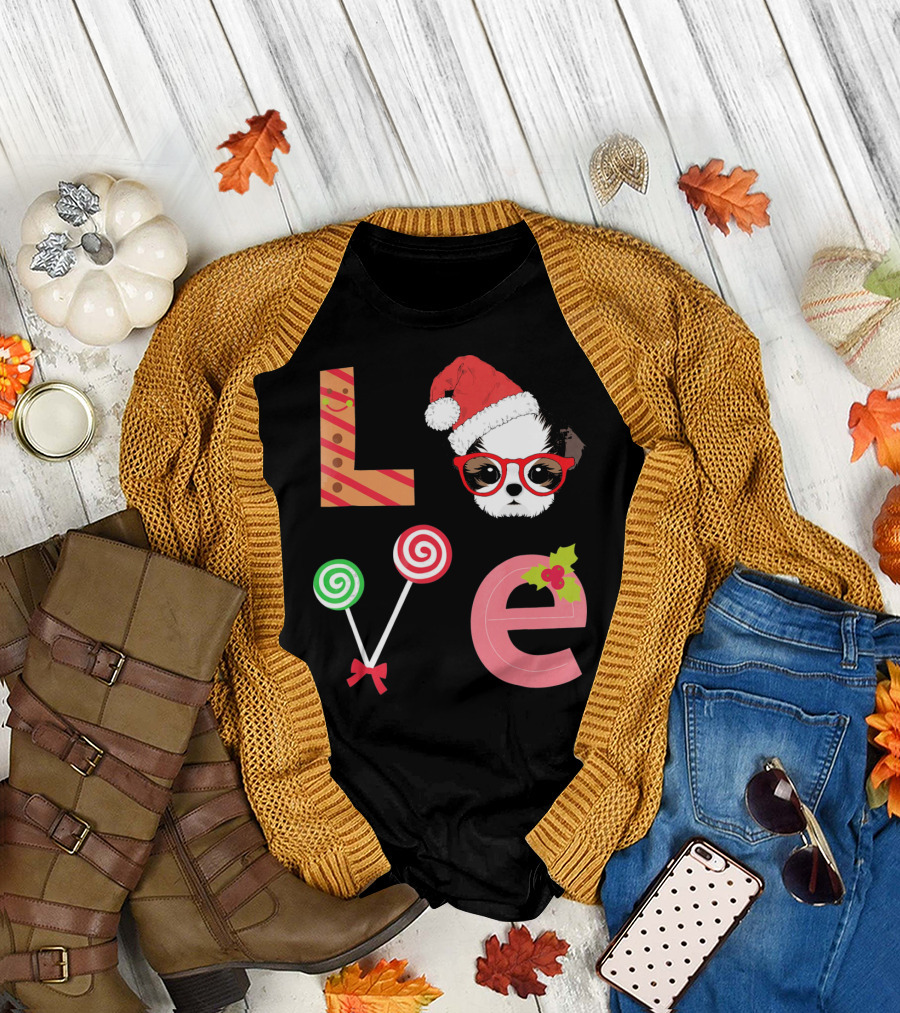 Love Shih Tzu Santa Christmas Dog with Candy Canes and Holly T-Shirt
