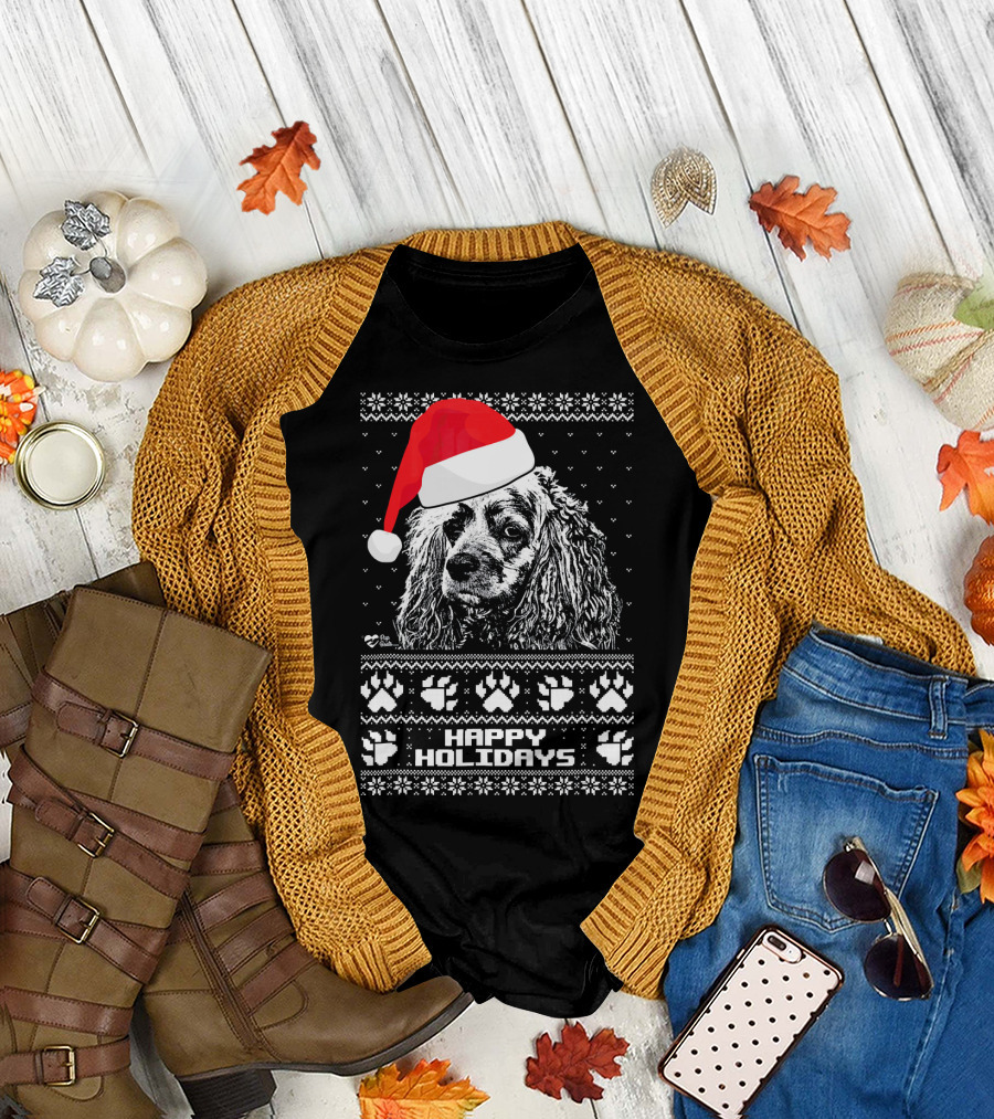 Cocker Spaniel Happy Holidays Santa Hat Paw Prints T-Shirt