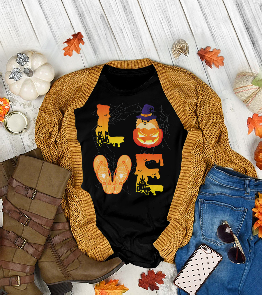 Love Halloween Pumpkin Flip Flop Spider Web Dog Cat Moon T-Shirt