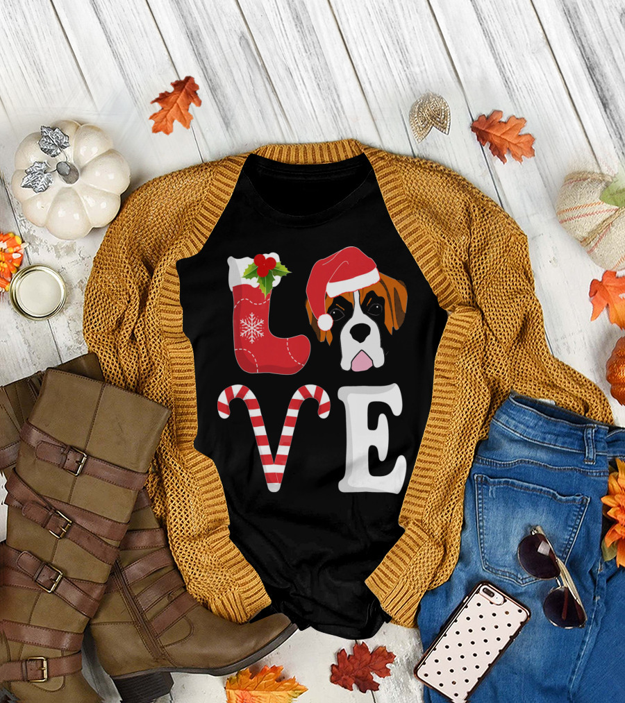 Christmas Boxer Love Santa Hat Candy Cane Holiday T-Shirt