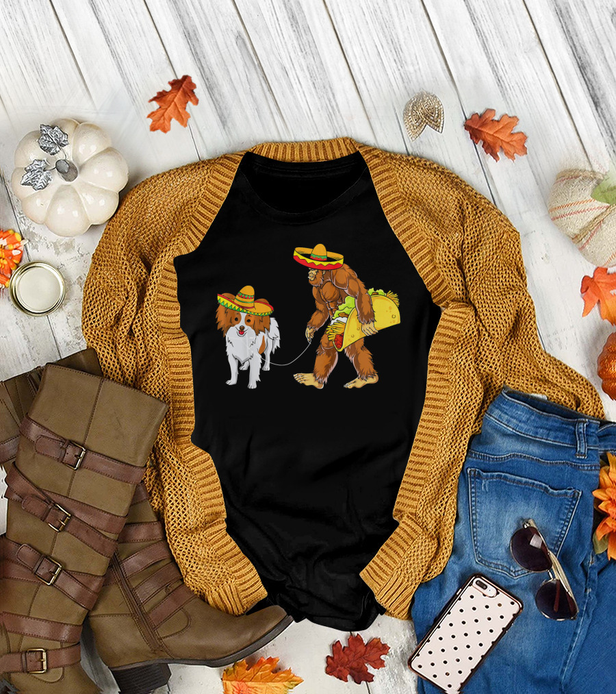 Cinco De Mayo Bigfoot and Papillon with Tacos and Sombreros T-Shirt