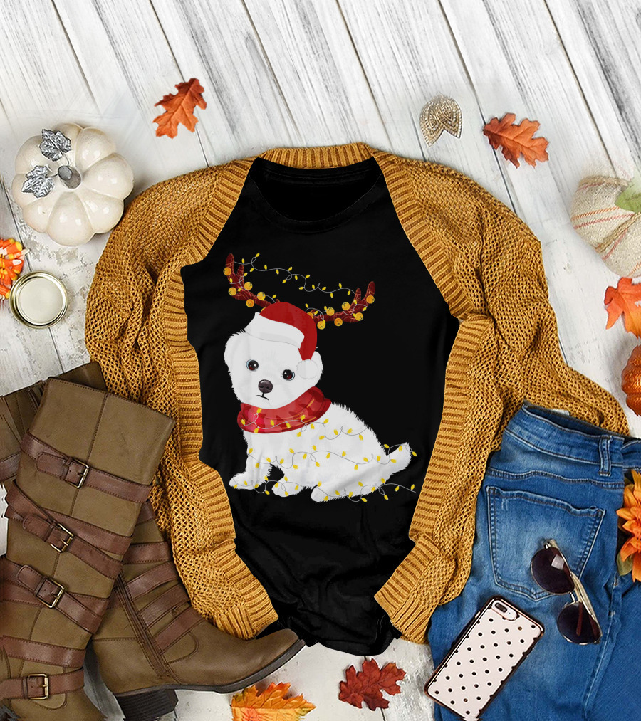 Maltese Dog in Santa Hat with Reindeer Antlers and Xmas Lights T-Shirt