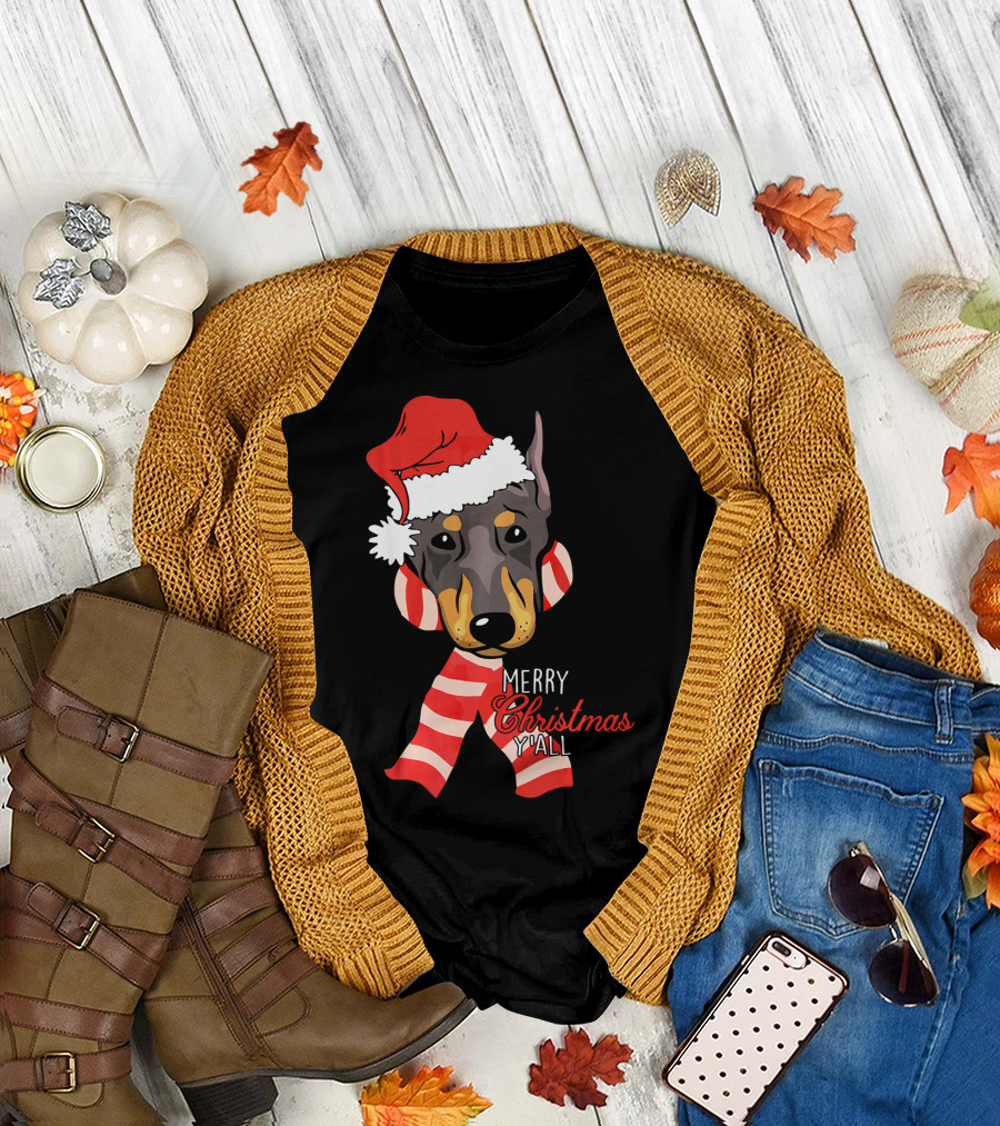 Merry Christmas Y'all Santa Hat Doberman Dog in Striped Scarf T-Shirt