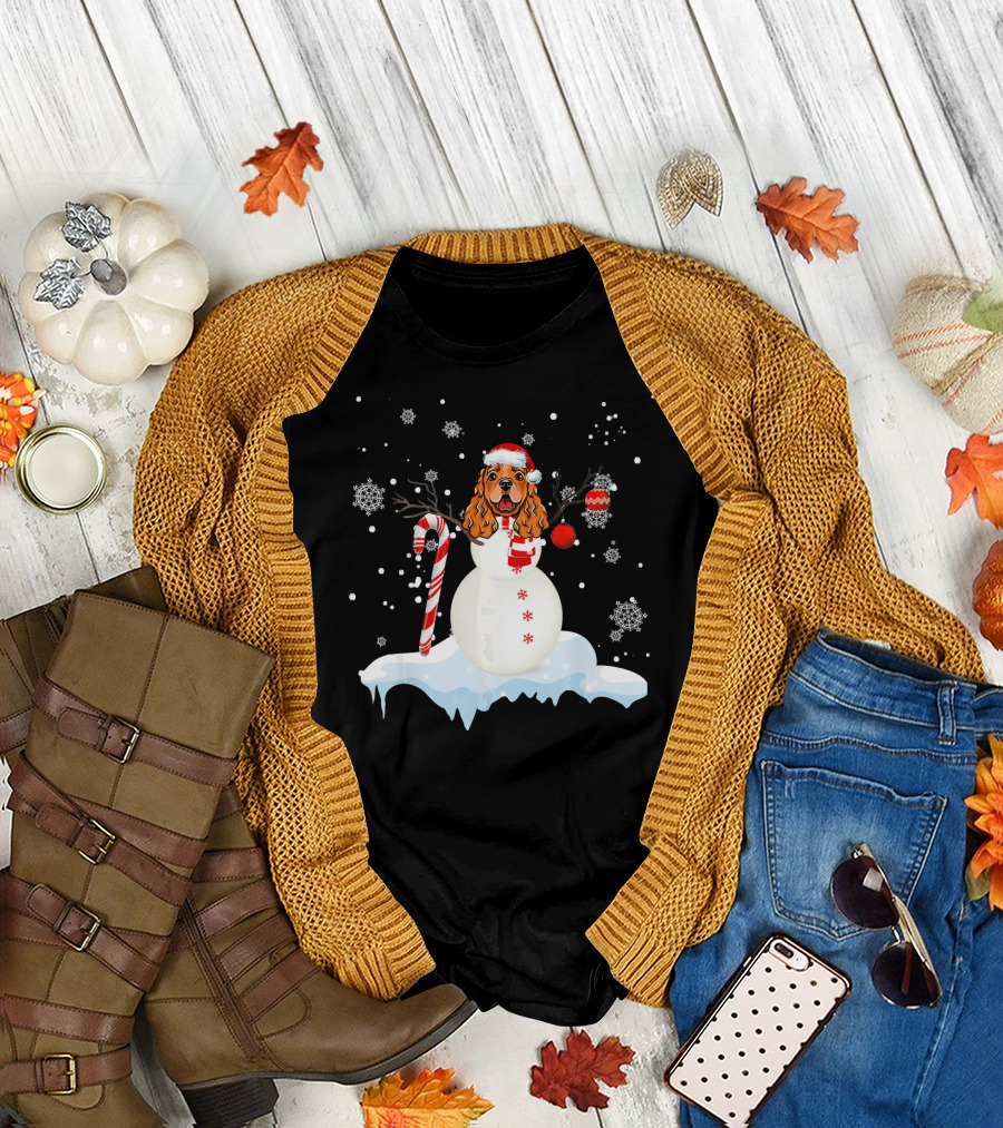 Cocker Spaniel Snowman with Candy Cane and Snowflakes T-Shirt