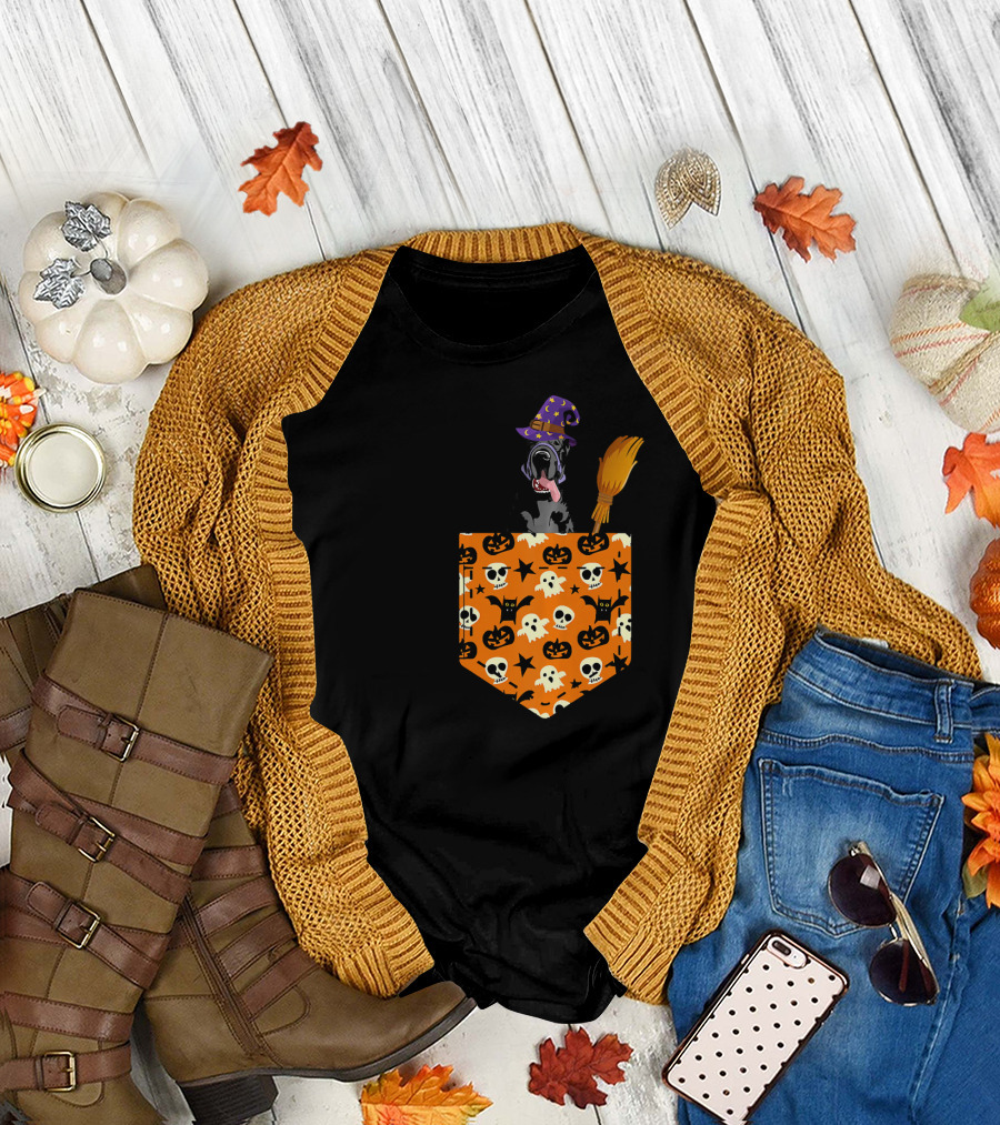 Great Dane with Witch Hat and Halloween Pumpkin Pocket T-Shirt