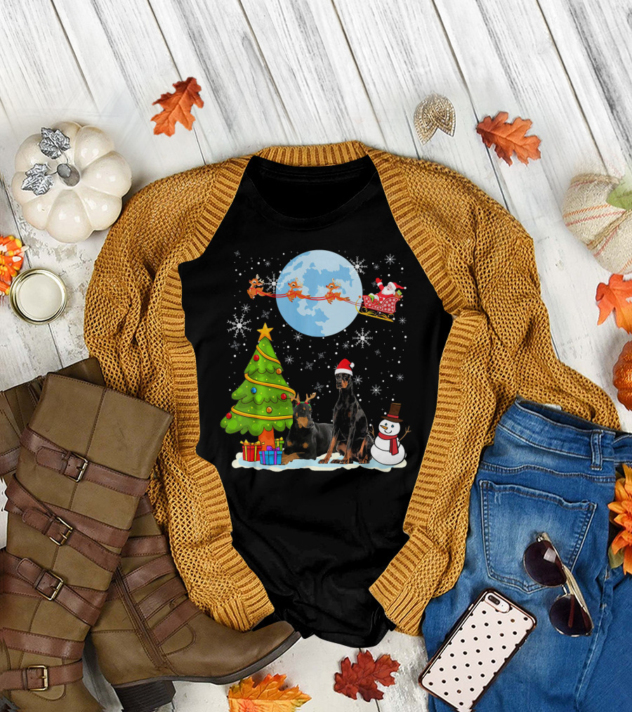 Funny Doberman Pinscher Christmas Moon Santa Sleigh Reindeer Snowman Tree T-Shirt