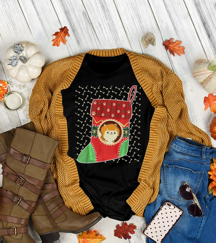Pomeranian Merry Christmas Stocking with Paw Print and Bone T-Shirt