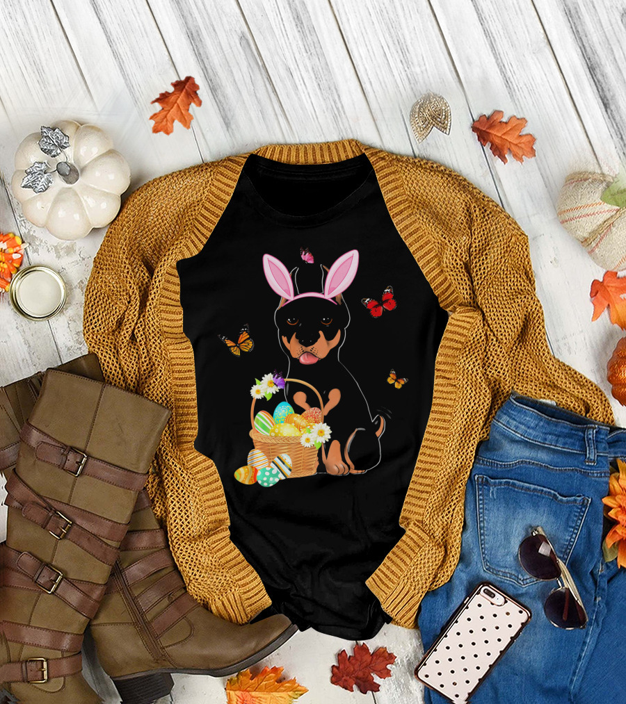 Doberman with Bunny Ears Easter Eggs Basket and Butterflies T-Shirt