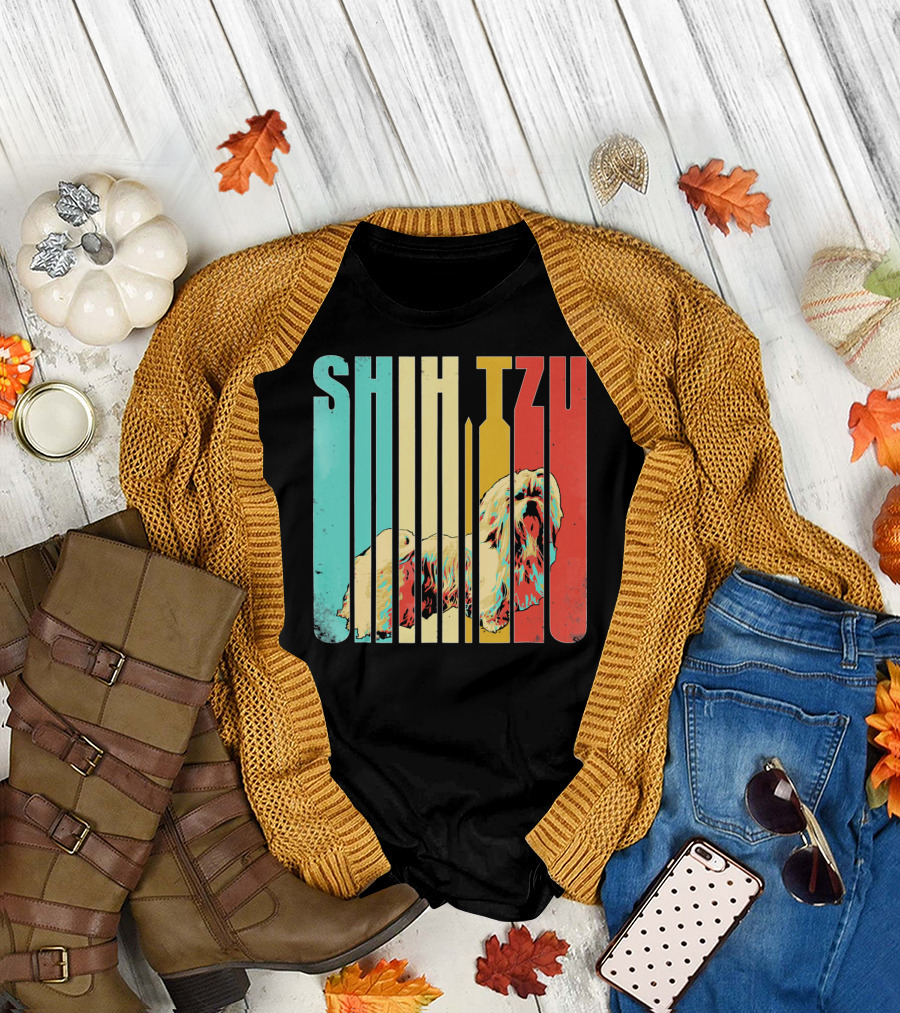 Vintage Shih Tzu Dog Design Colorful Stripes T-Shirt