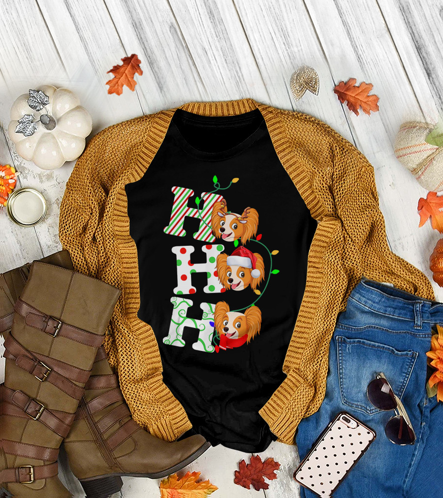 Papillon Ho Ho Ho Christmas Santa Hat Dog Holiday T-Shirt
