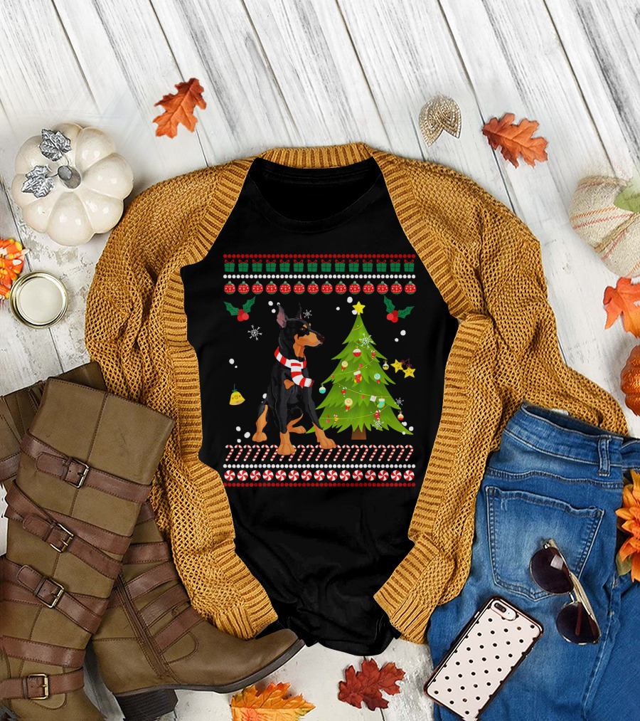 Cute Doberman Christmas Pine Festive Sweater Dog T-Shirt
