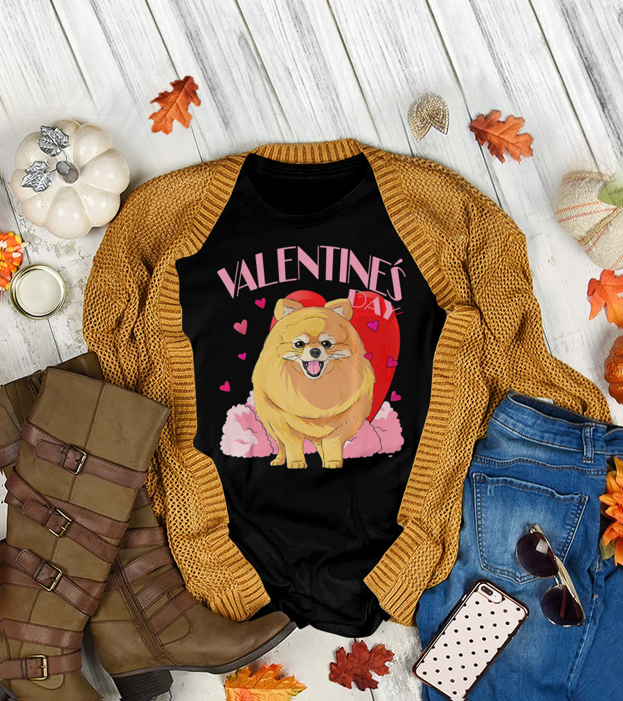 Pomeranian Dog Lover Valentine's Day Hearts and Clouds T-Shirt