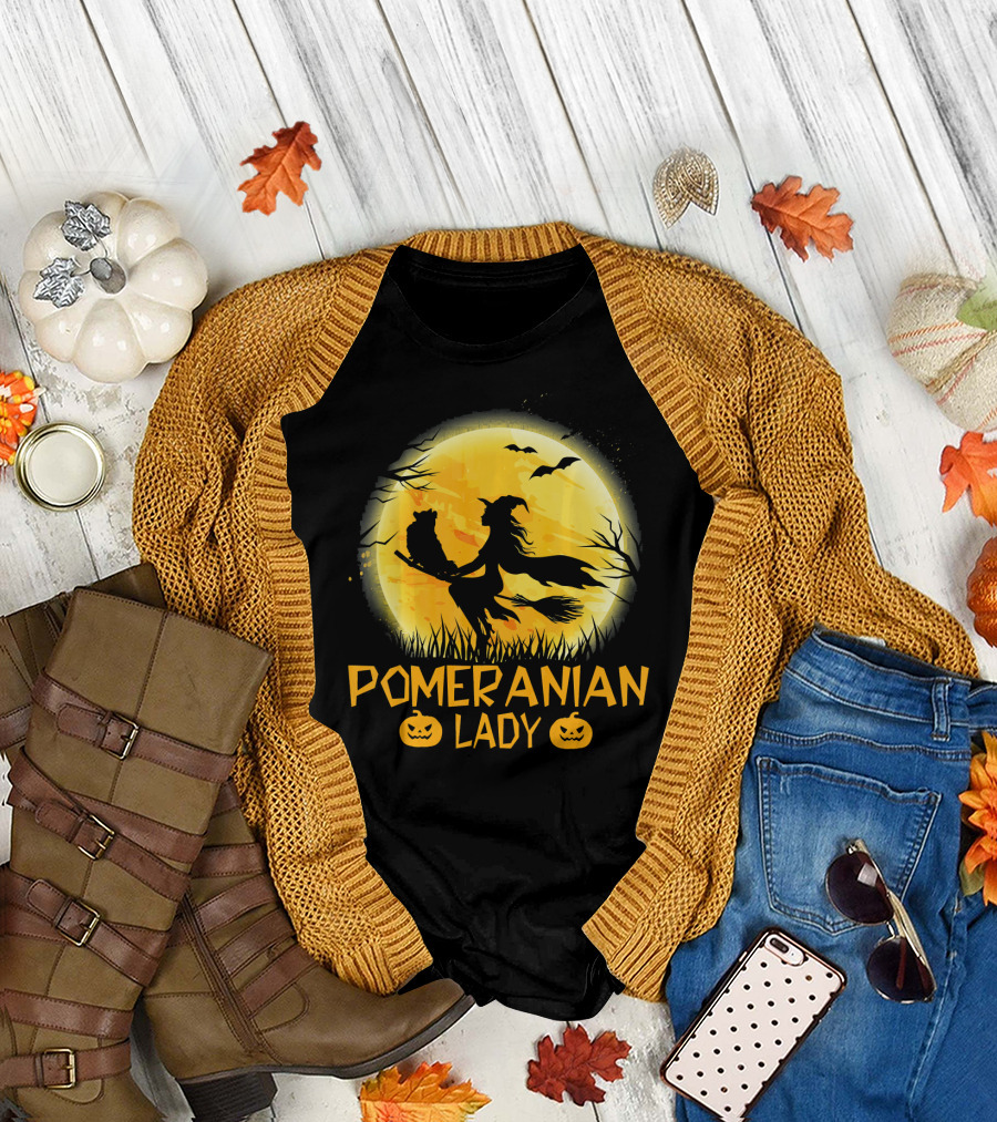Pomeranian Lady Halloween Witch Moon T-Shirt