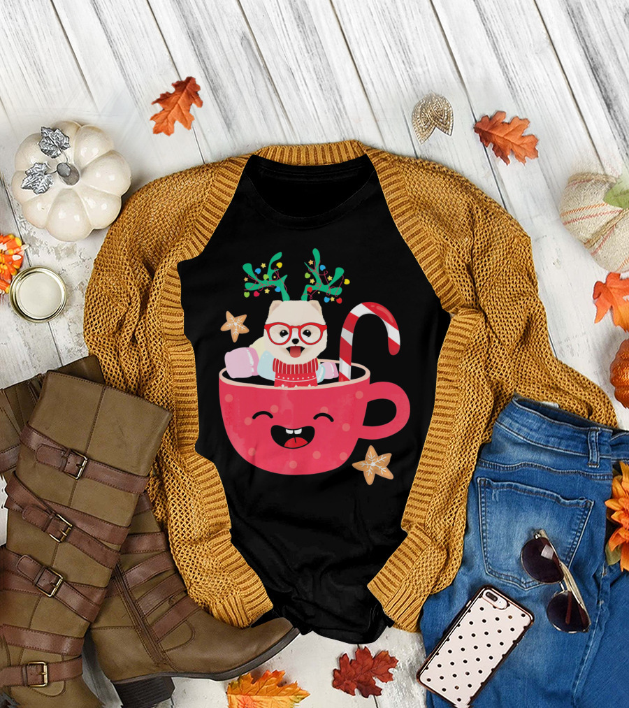 Pomeranian Teacup Christmas Holiday Candy Cane Gingerbread Antlers T-Shirt