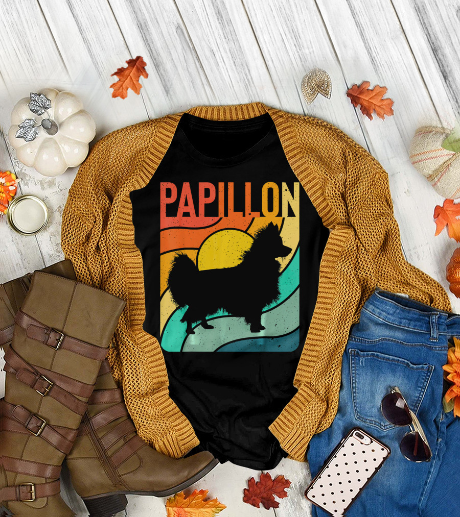 Papillon Vintage Retro Dog Silhouette Rainbow Sunset T-Shirt