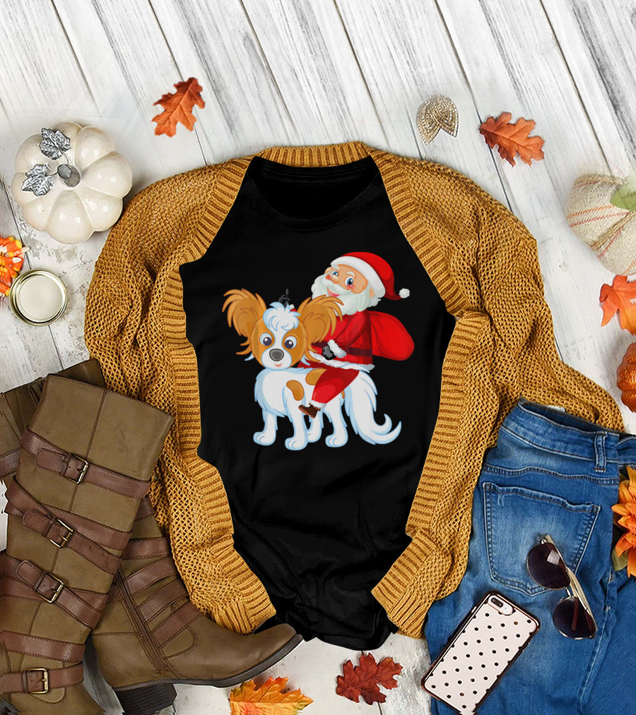 Papillon Dog with Santa Claus Christmas T-Shirt
