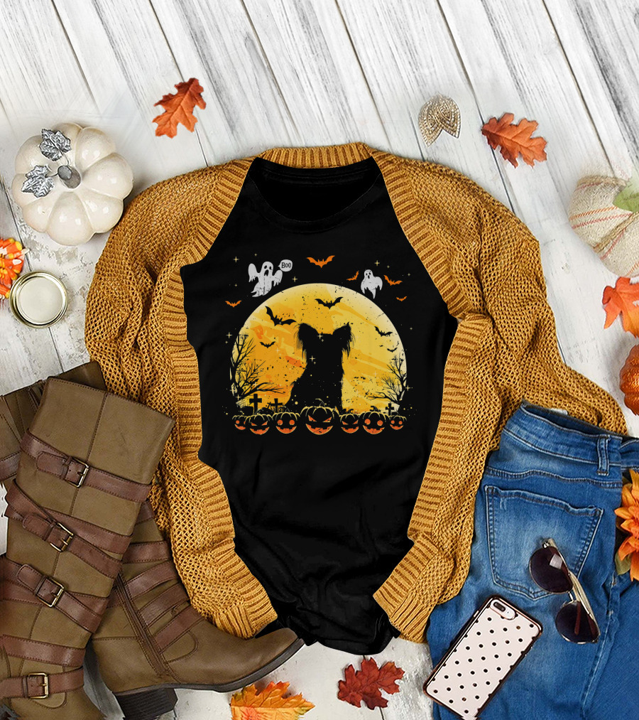 Papillon Lover Halloween Boo Ghosts Funny Dog Moon Pumpkins T-Shirt