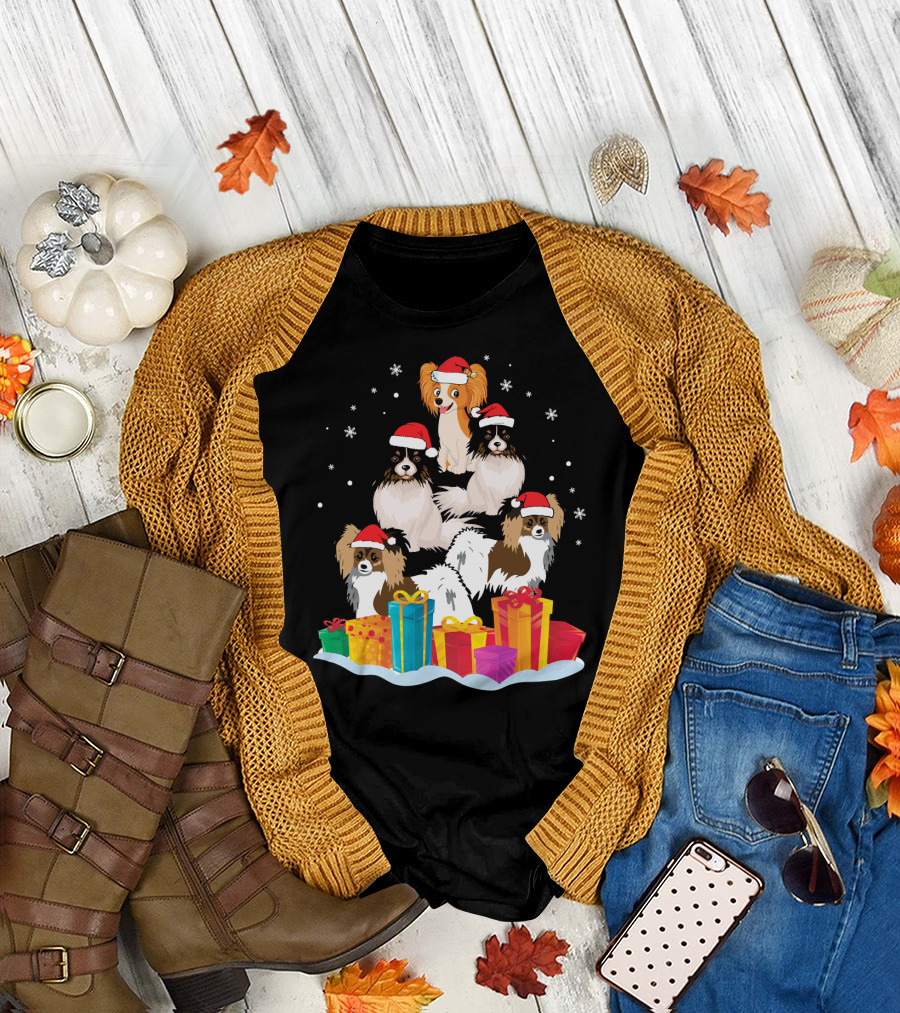 Papillon Dogs with Noel Hats Surrounded by Christmas Presents and Snowflakes T-Shirt
